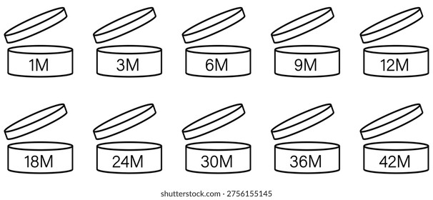 PAO Icon Set. Period after opening icons collection. PAO symbol 1m, 3m, 6m, 9m, 12m, 18m, 24m, 30m, 36m, 42m. Cosmetic open period month symbol. Vector illustration. 