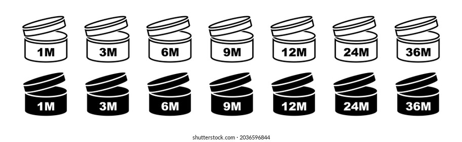 PAO icon symbol. Period after opening vector icons set. Signs for cosmetic products. Expiration period in months. Flat and line boxes with cap. 