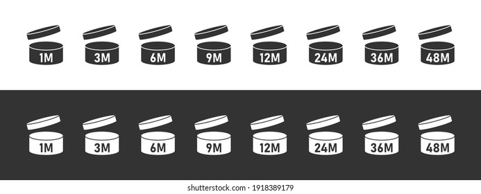 PAO icons concept. Period after opening. Expiration period in months signs for cosmetic packaging. Life months of open cosmetic. Vector illustration