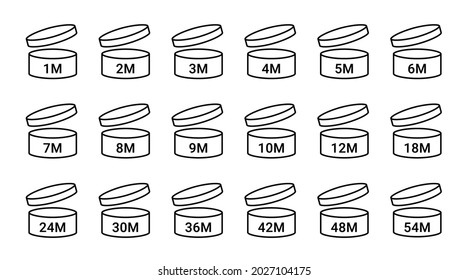 PAO icons. Period after opening symbols. Set packaging signs for cosmetic. Expiration period in months isolated on white background. Round box with cap. Expiry labels in line art. Vector illustration