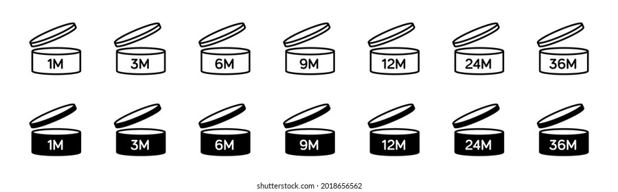 PAO Icons Set. Period after open vector icons. PAO symbols. Round tub with cap opened. Expiration period in months vector signs for cosmetic packaging isolated on white transparent background.