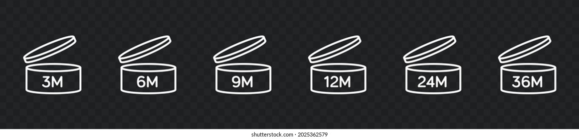 PAO Icons Set. Period after open vector thin line icons. PAO symbols. Round tub with cap opened. Expiration period in months vector signs for cosmetic packaging isolated on dark background.