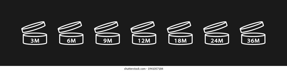 PAO Linear Icons Set. Period after opening. The shelf life of the cosmetics after opening the package in months. 3m, 6m, 12m, 18m, 24m, 36m month best before product mark. Vector illustration