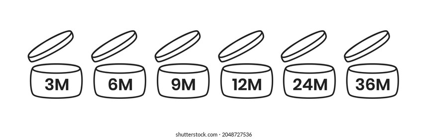 PAO, period after open icon sign set flat style design vector illustration isolated on white background. 3, 6, 9, 12, 24, 36 month pao expiration period for cosmetic packaging line art symbol.
