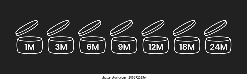 PAO, period after open icon sign set flat style design vector illustration isolated on black background. 1, 3, 6, 9, 12, 24, 36 month pao expiration period for cosmetic packaging line art symbol.