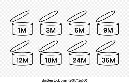 PAO, period after open icon sign set flat style design vector illustration isolated on transparent bd. 1, 3, 6, 9, 12, 24, 36 month pao expiration period for cosmetic packaging line art symbol.