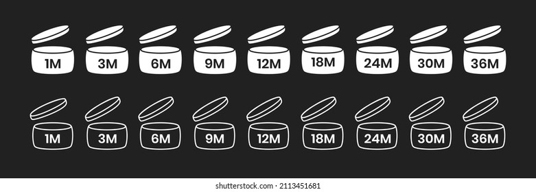 PAO, period after open icon sign set flat style design vector illustration isolated on black bd. 1, 3, 6, 9, 12, 18, 24, 30, 36 month pao expiration period for cosmetic packaging line art symbol.