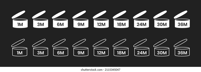PAO, period after open icon sign set flat style design vector illustration isolated on black bd. 1, 3, 6, 9, 12, 18, 24, 30, 36 month pao expiration period for cosmetic packaging line art symbol.