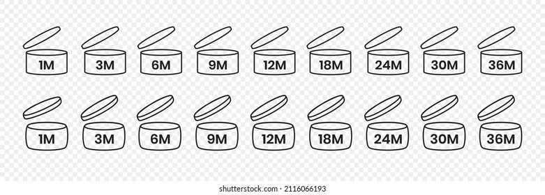 PAO, period after open icon sign set flat style design vector illustration isolated on transparent bd. 1, 3, 6, 9, 12, 18, 24, 36 month pao expiration period for cosmetic packaging line art symbol.