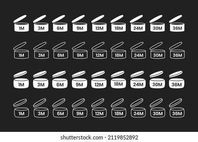 PAO, period after open icon sign set flat style design vector illustration isolated on white bd. 1, 3, 6, 9, 12, 18, 24, 30, 36 month pao expiration period for cosmetic packaging line art symbol.