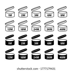 Pao period after opening icon. Vector isolated sign, icon.  Expiration date signs: 1m, 2m, 3m, 6m, 9m, 12m, 18m, 24m, 30m, 36m, 48m. Stock vector. EPS 10