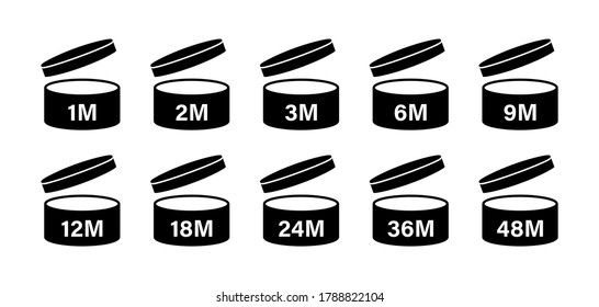 Pao period after opening icon. Vector isolated sign, icon.  Expiration date signs: 1m, 2m, 3m, 6m, 9m, 12m, 18m, 24m, 30m, 36m, 48m. Stock vector. EPS 10