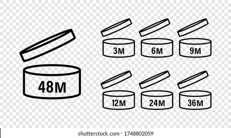 Pao signs. Pao icons. Cosmetic open month life shelf. Period after opening. Expiration period months PAO. Symbols set. Vector illustration