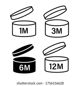 pao symbol shelf life vector icon. cosmetic open period use logo. 3, 6, 12, 24, 36, 3m, 6m, 12m, 24m, 36m month best before product mark. cream eu pack label. isolated white background set