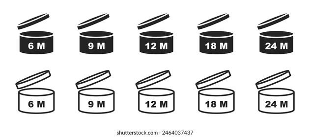 Conjunto de símbolos PAO. Periodo tras la apertura. Plazo de caducidad en meses para envases cosméticos. Caja redonda con tapa abierta con vida útil después de que el paquete se abre signo. Etiquetas de caducidad. Vector.