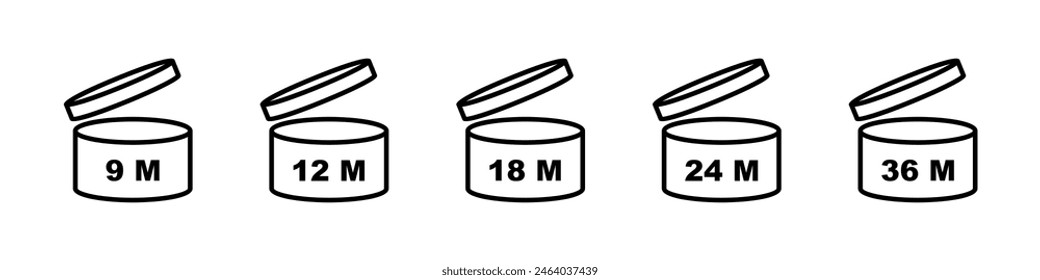 Conjunto de símbolos PAO. Periodo tras la apertura. Plazo de caducidad en meses para envases cosméticos. Caja redonda con tapa abierta con vida útil después de que el paquete se abre signo. Etiquetas de caducidad. Vector.