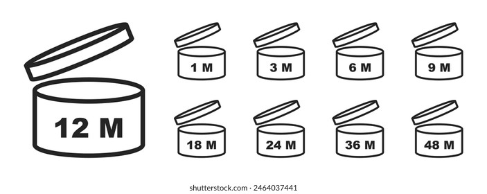 PAO-Symbole gesetzt. Zeitraum nach dem Öffnen. Verfallszeit in Monaten für Kosmetikverpackungen. Rundschachtel mit offener Kappe mit Lebensdauer nach Öffnen der Verpackung. Verfallskennzeichnungen. Vektorgrafik.