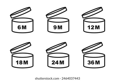 PAO symbols set. Period after opening. Expiration period in months for cosmetic packaging. Round box with open cap with useful lifetime after package is opened sign. Expiry labels. Vector.