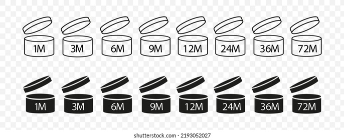 pao symbols set vector.  cream eu pack label. round box with cap opened. expiration period in months signs for cosmetic packaging on transparent background.