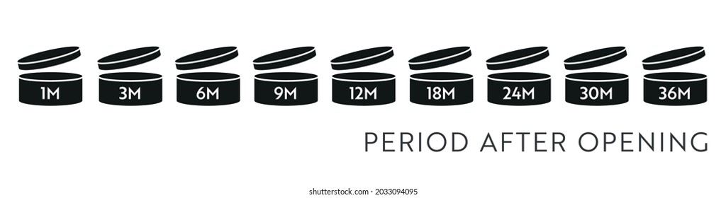 PAO vector dark icon set. Period after opening symbols. Can with open cap with expiration period in months.