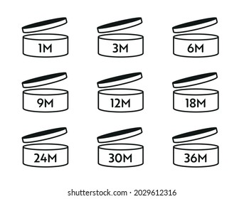 Juego de iconos del vector de la representación de contadores de rendimiento. Punto después de abrir símbolos. Puede con el límite máximo abierto con el período de caducidad en meses.