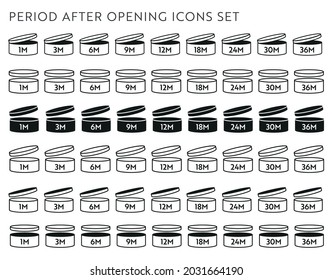 PAO vector icon set. Period after opening symbols. Can with open cap with expiration period in months.