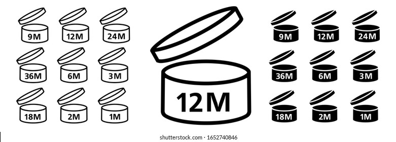 Pao vector icons of cosmetic open month expiration date, expiration date months pao set of black and white symbols
