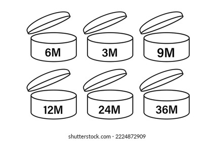 PAO vector icons of cosmetic open months expiration date, expiration date months PAO symbol set. Vector illustration