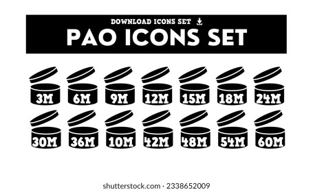 Pao vector icons of cosmetic open month life shelf, expiration period months PAO symbols set
