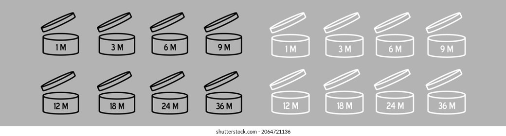 PAO vector icons set. Cosmetic open month life. Expiration period symbols collection. Best before date logo.