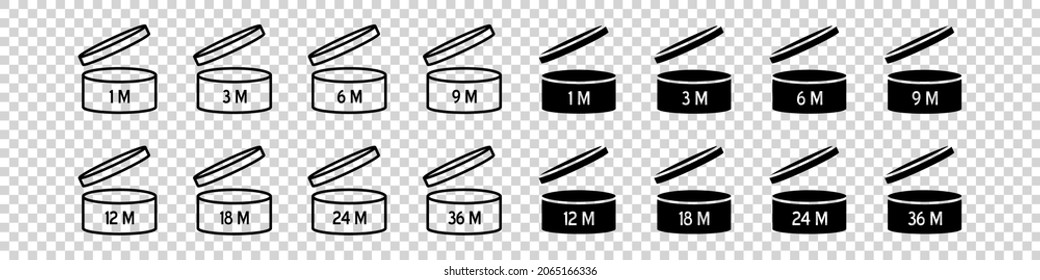 PAO vector icons set. Cosmetic open month life. Expiration period symbols collection. Best before date logo.