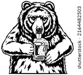 Papa bear drinking beer. Emblem with brewery bear, brewery hop and bavarian hat. Craft brewing for beer bar or pab.