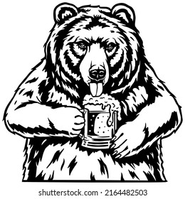 Papa bear drinking beer. Emblem with brewery bear, brewery hop and bavarian hat. Craft brewing for beer bar or pab.