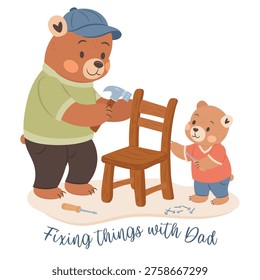 Papa bear fixing things with son. Cute illustration for Fathers Day Holiday