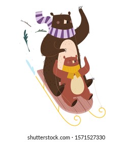 Papa bear with his son sledding. Vector illustration.