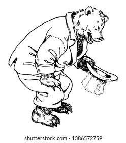 Papa Bear kneeling down, this picture shows a bear kneeling down and holding out his top hat, vintage line drawing or engraving illustration