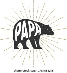 Papa Bear - Premium, Modern, Custom Gold and Grey Vintage Vector Grizzly Icon Silhouette with Distressed Grunge Textured Animal Illustration and Deco Sun Star Burst Shine Rays Family Apparel Design