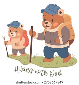 Papa bear and son bear hiking together. Cute illustration for Fathers Day Holiday. 