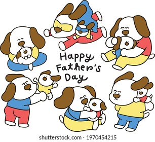 Papa Dog and Puppy with different characters: hug, play, cuddle, fly, superpower, in cute cartoon style Set.