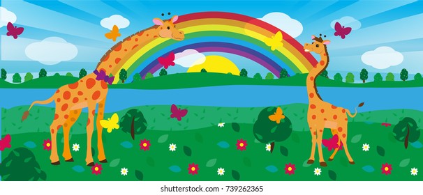 Papa the Giraffe and the son of a giraffe in the background of nature. Vector illustration.