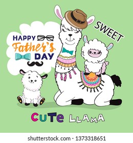 Papa Lama mit Kindern und die Inschrift Happy Vatertag auf grünem Hintergrund