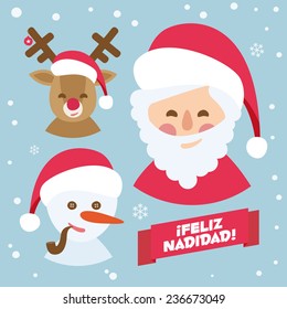 Papa Noel, reindeer and snowman. blue merry christmas vectorized card 