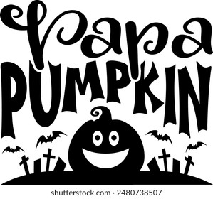 Papa Pumpkin. Halloween party lettering logo phrase. Black design element. Fashion design. Vector font illustration.