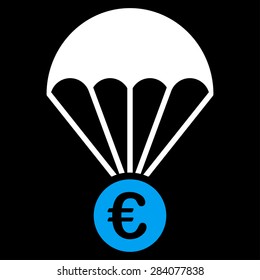 Papachute from BiColor Euro Banking Icon Set. Vector style: flat bicolor, blue and white symbol, rounded angles, black background.
