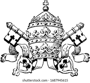 Papal Emblems has the rise of the Papal Power, vintage line drawing or engraving illustration.