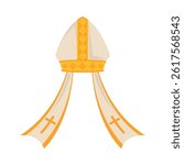 Papal Mitre Gold Accent Long Ribbons Bishop Ceremonial Vestment Hat isolated