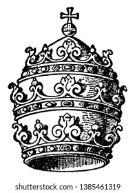 Papal Tiara is a prominent symbol of the papacy, vintage line drawing or engraving illustration.