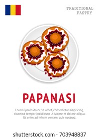 Papanasi. National romanian dish. Traditional pastry. View from above. Vector flat illustration.