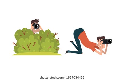 Paparazzi with Camera Sitting in Ambush, Set of Photographers Following Celebrity Cartoon Vector Illustration