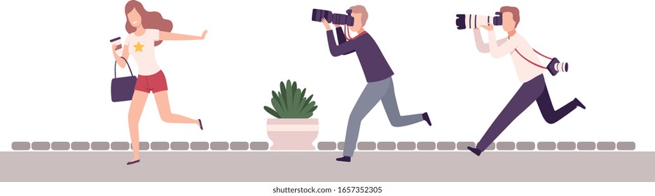 Paparazzi with Cameras Following Celebrity, Beautiful elebrity Woman Running away From Photographers Flat Vector Illustration